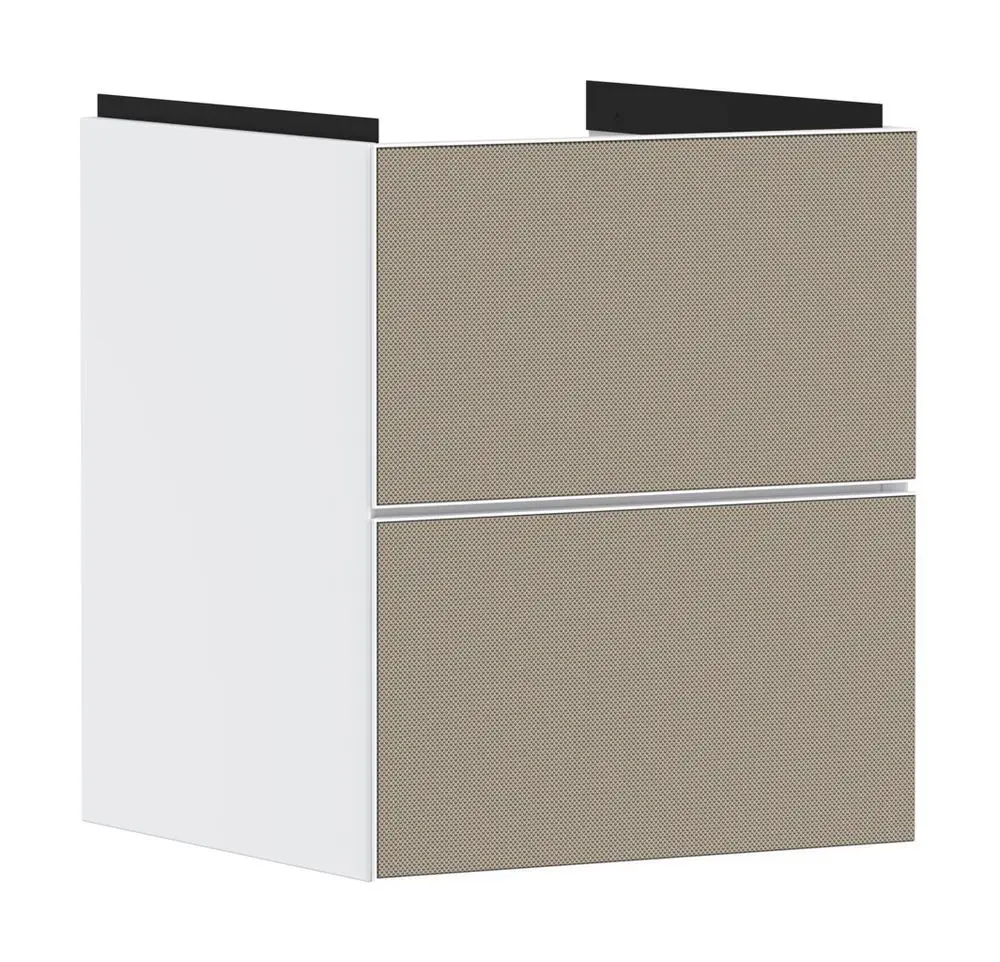 Weißer Waschtischunterschrank mit zwei Schubkästen, ausgestattet für Handwaschbecken, mit einem minimalistischen Design von Hansgrohe.